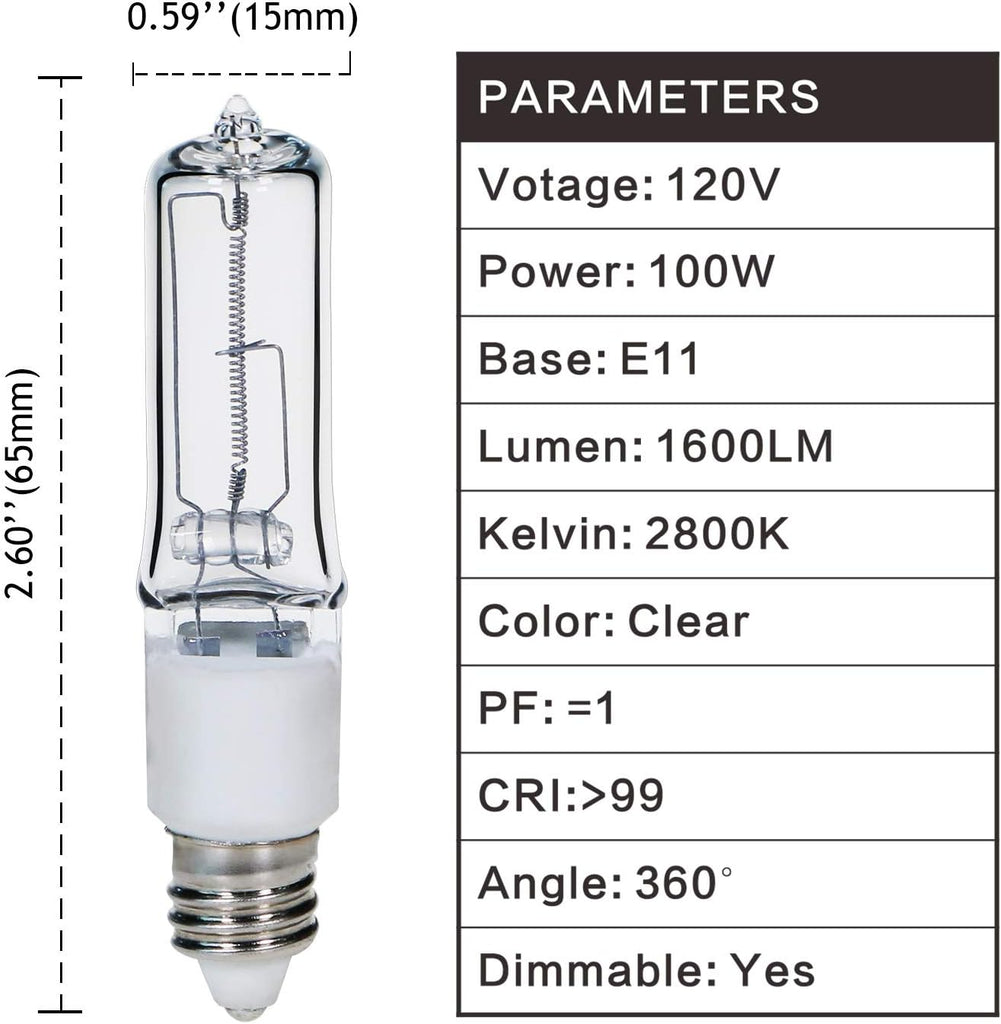 JDE11 120V 100W T4 JDE11 Bulb, Mini Candelabra Base E11 Bulb, 1600lm 2800K Clear Dimmable 100 watt Halogen Light