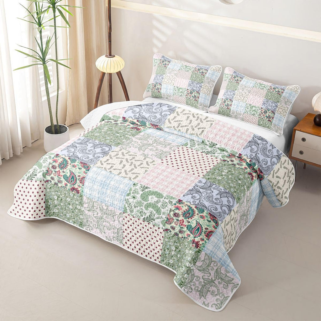 Ssweety Floral Paisley Quilt Set, Polka Dot Quilted Bedspread, Patchwork Grid Microfiber Lightweight Quilt