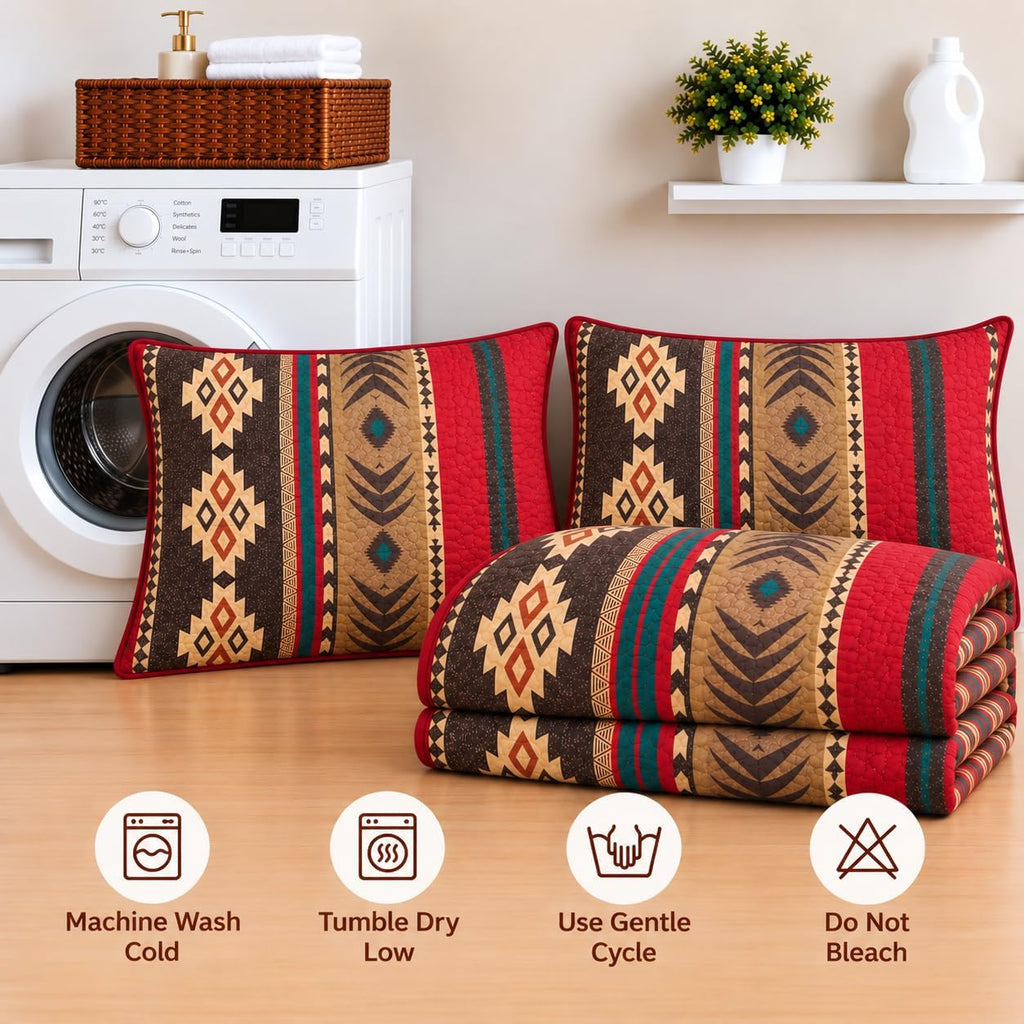 Western Southwestern Native American Tribal Navajo Design Oversize Quilted Bedspread in Brown Green and Burgundy