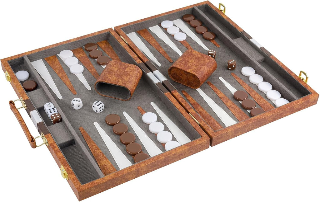 Backgammon Set, 11 Inch Portable Board Game with PU Leather Case for Adults, Brown Backgammon Travel Set