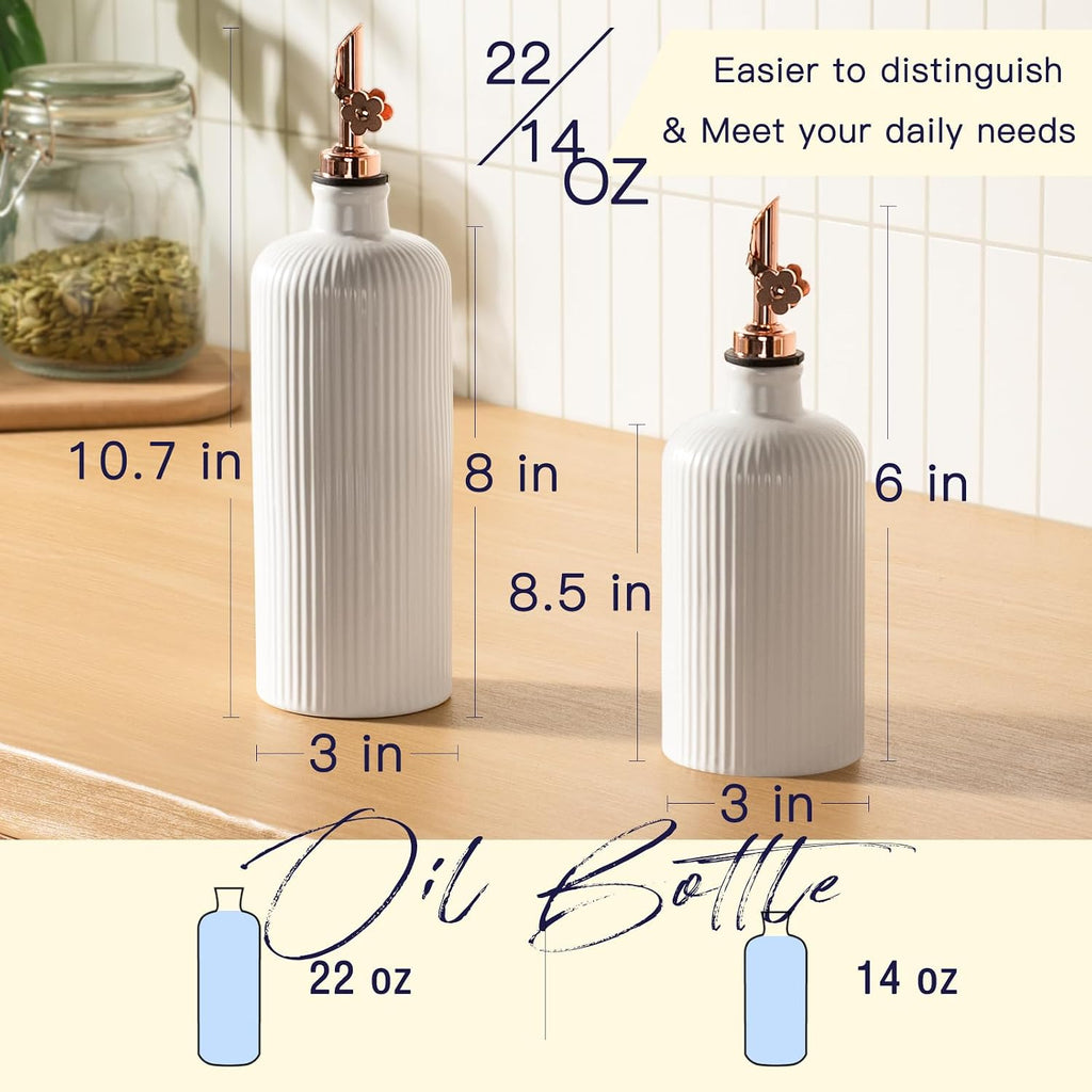 Olive Oil Dispenser Bottle (22 Oz + 14 Oz) - Porcelain Oil and Vinegar Bottles with Stainless Steel Spout - Set of 2