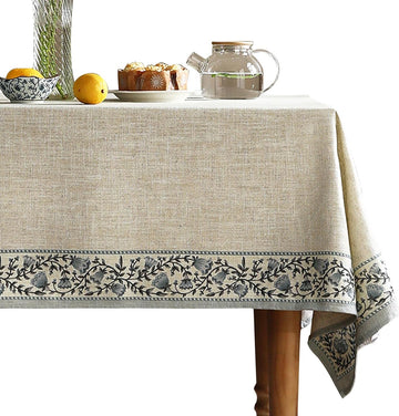 Designer Vintage Linen Elegant Rectangular Tablecloth,Chinoiserie Floral Indoor Table Cloth,Wrinkle 