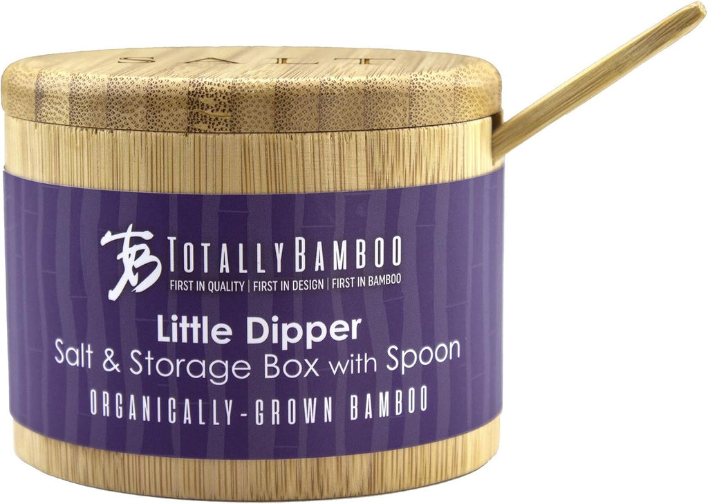 Salt Cellar Bamboo Storage Box with Magnetic Swivel Lid, 6 Ounce Capacity, Engraving on Lid, Includes Salt Spoon