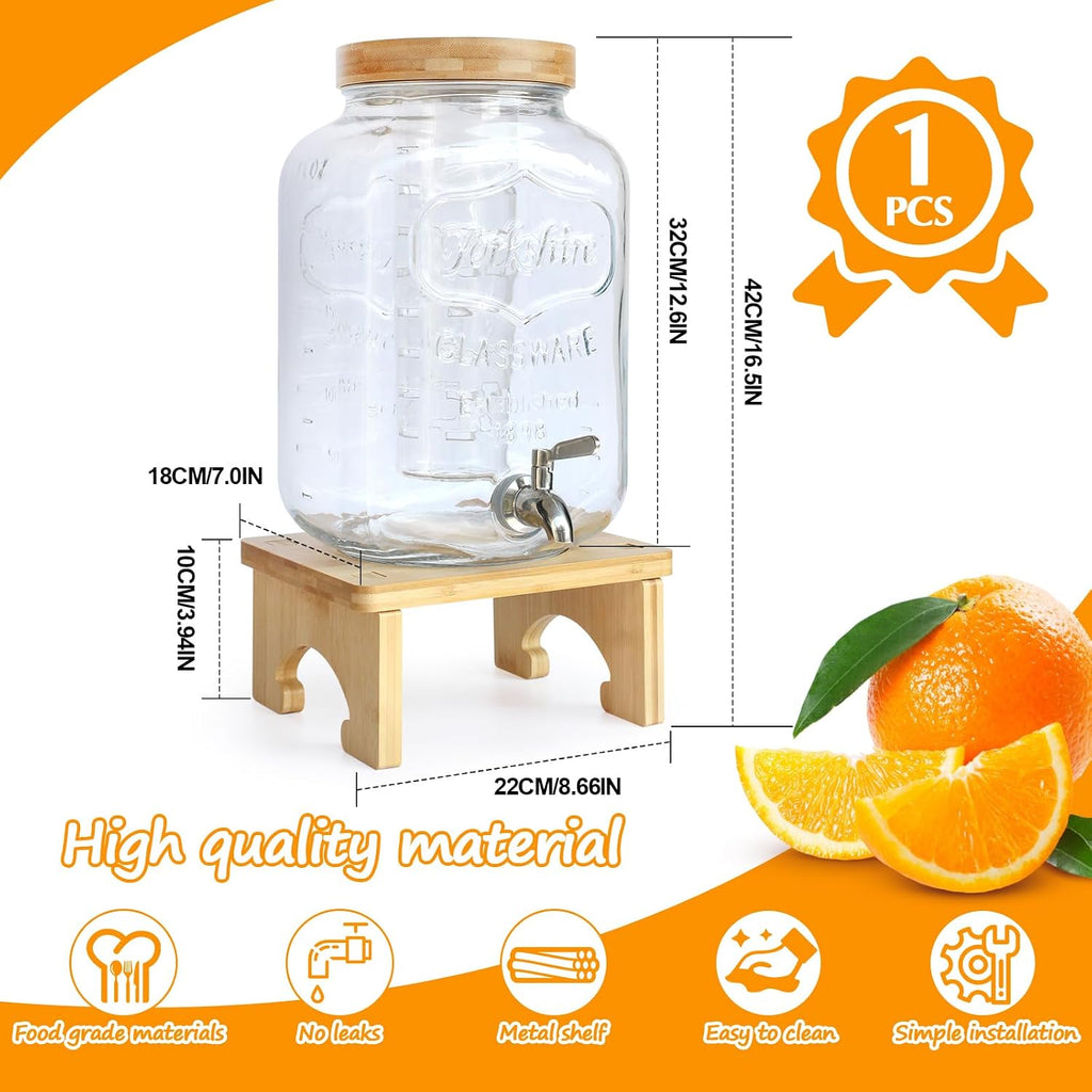 2 Gallon Drink Dispenser with Stand, With Wood Stand, 18/8 Stainless Steel Spigot and Labels Large Water Drink
