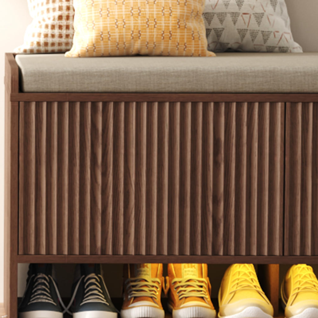 39.4" Fluted Shoe Storage Bench, Entryway Bench with Linen Seat Cushion, Shoe Cabinet Bench with Adjustable Shelf and
