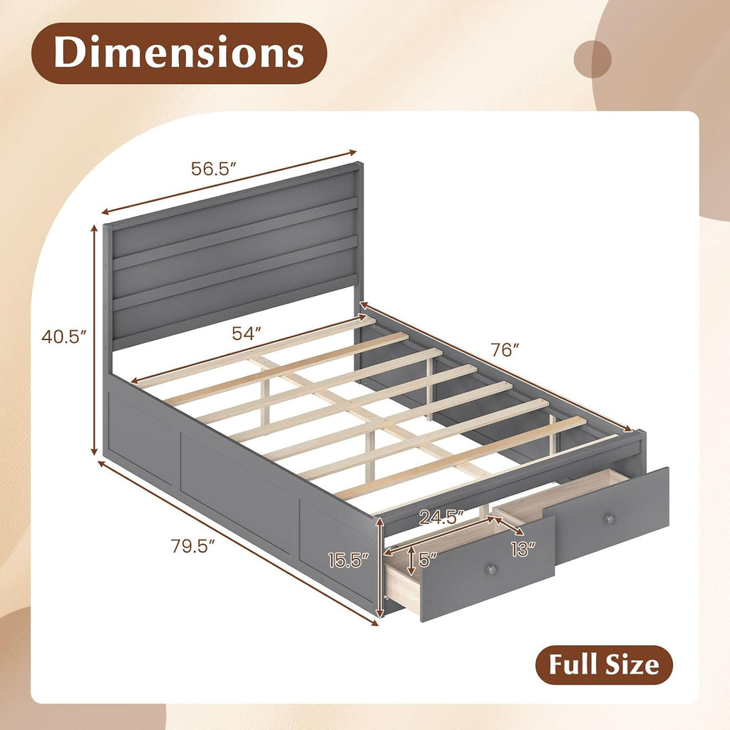 Full Size Wood Platform Bed Frame with 2 Storage Drawers and Headboard, Enclosed Base, Grey