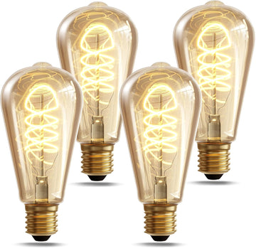 ST64 LED Edison Bulbs, 4W Equivalent 40 Watt, 4-Pack 2700K Amber Warm White Light Bulbs, E26 Base Bulb Dimmable