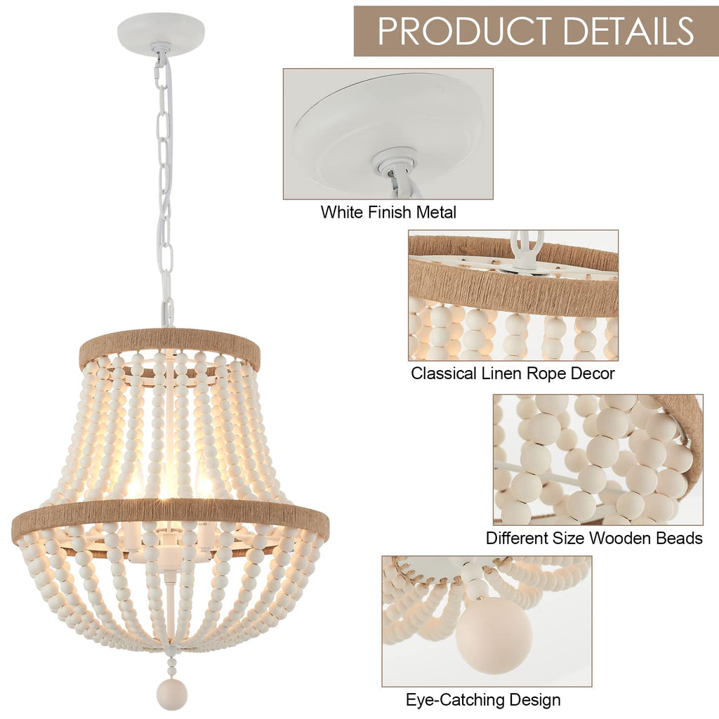 3-Light Boho Chandelier Farmhouse, Wood Bead Pendant Light, Antique Rustic Hanging Light Fixture Island Hallway
