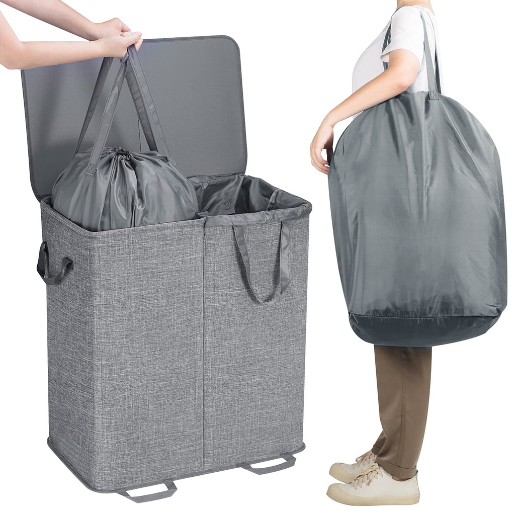 Double Laundry Hamper with Lid, Removable Laundry Bags, Gray