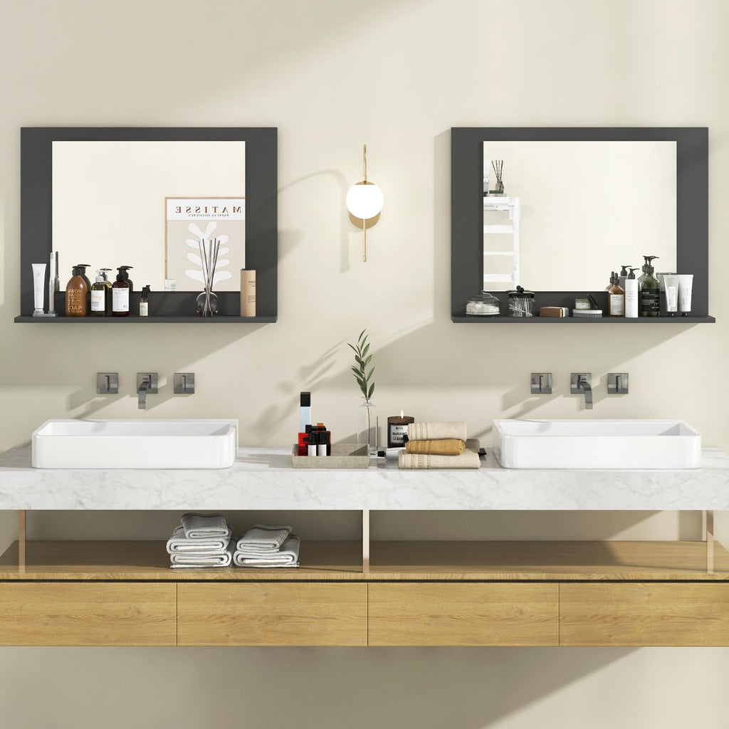 Bathroom Mirror with Shelf, 23.5" x 17.5" Rectangle Wood Frame Bathroom Vanity Mirror for Over Sink, Wall Mounted