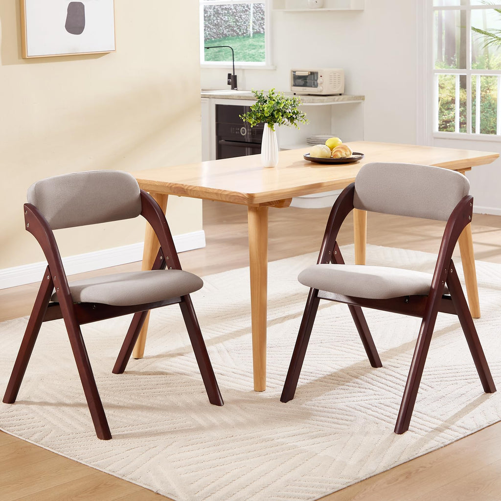 Folding Chairs with Cushion Set of 2, Linen Padded Foldable Dining Chairs, Walnut Wood Folding Dining Chairs