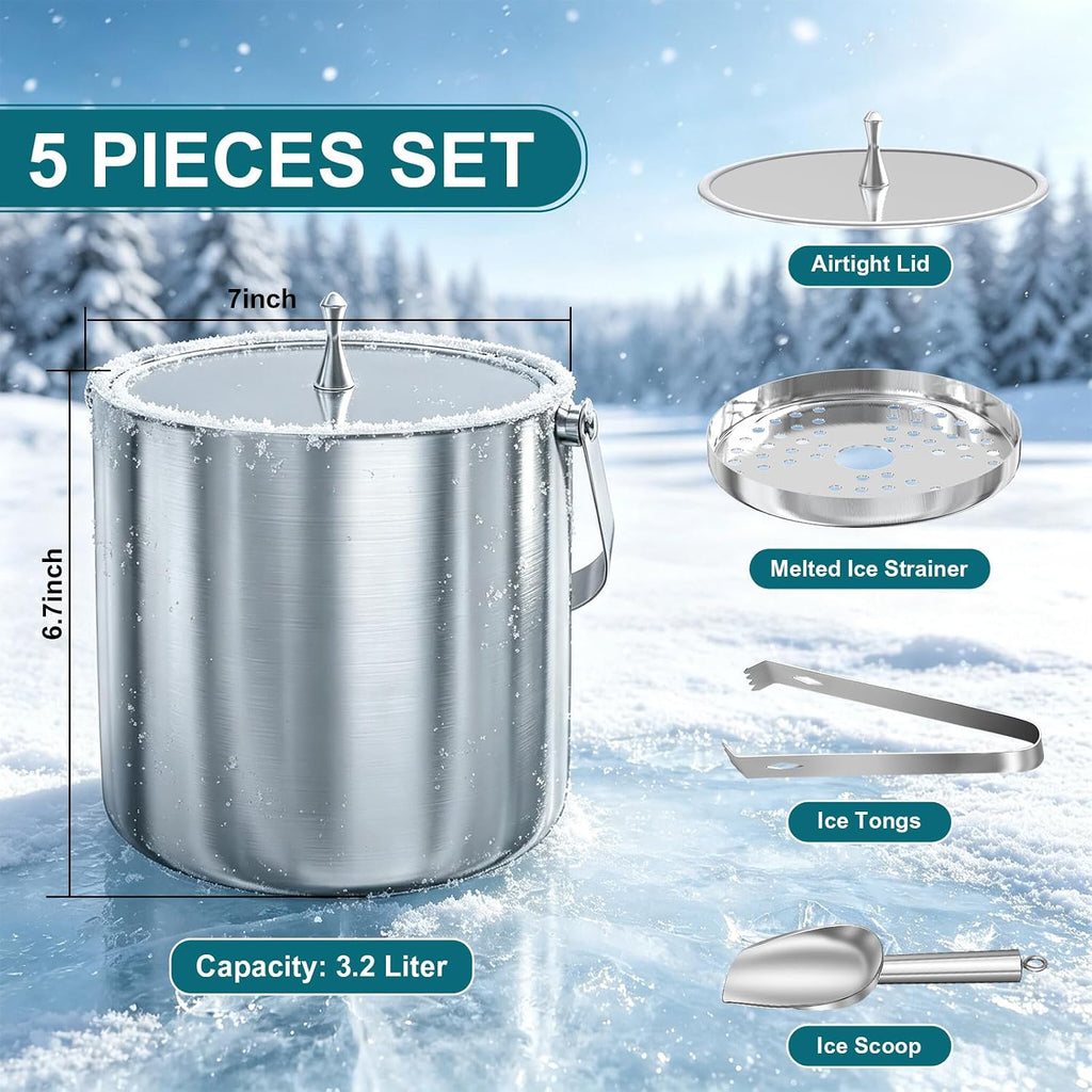 Ice Bucket for Parties, 3.4Qt/3.2L Double-Wall Stainless Steel Insulated Ice Bucket with Lid, Scoop, Tongs