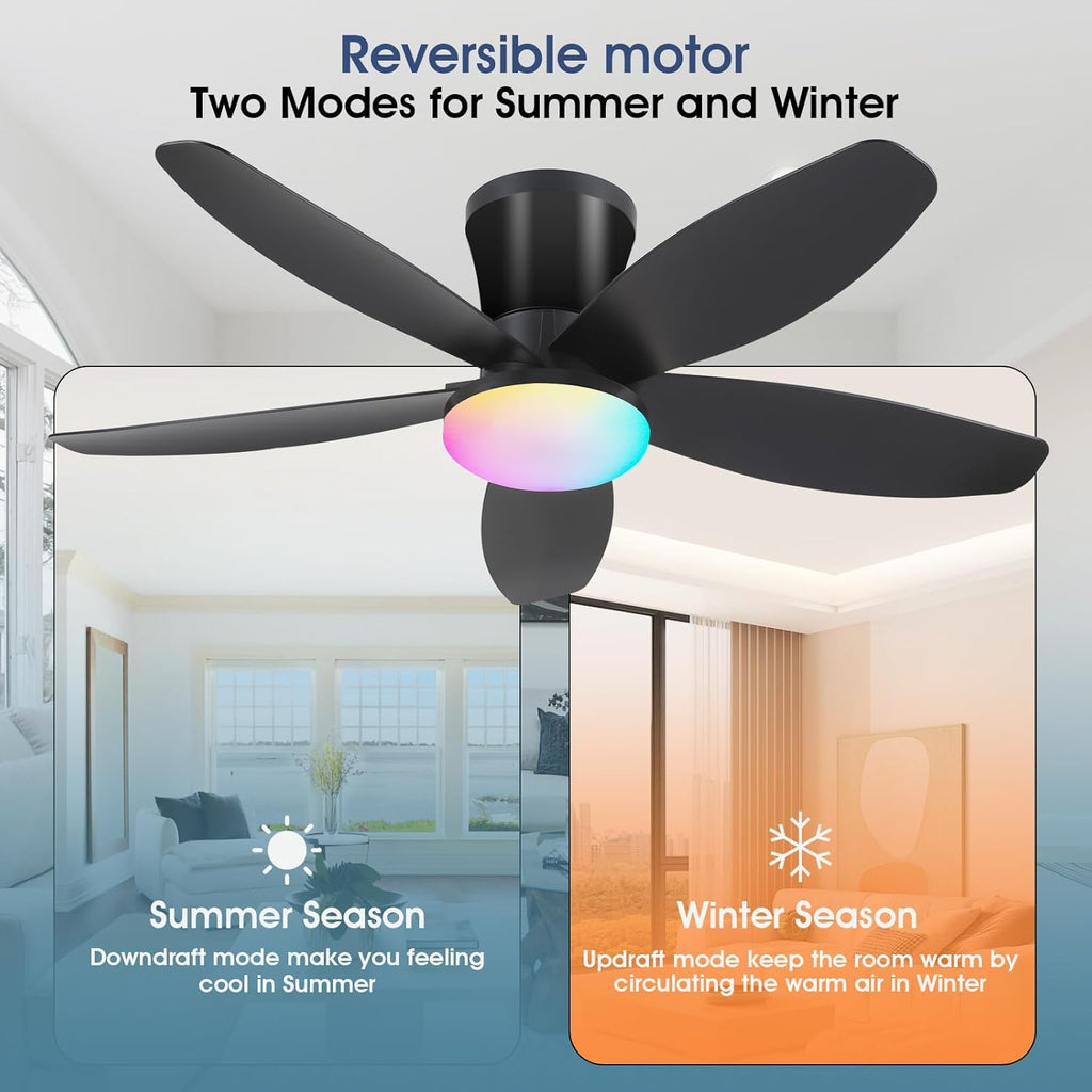 Flush Mount RGB Ceiling Fans with Lights-36 Low Profile Ceiling Fan with Light and Remote/APP Control,DC Reversible,LED Dimmable Black Ceiling Fans for Bedroom,Indoor/Outdoor Patio Use A101-B0F8HW8P6S