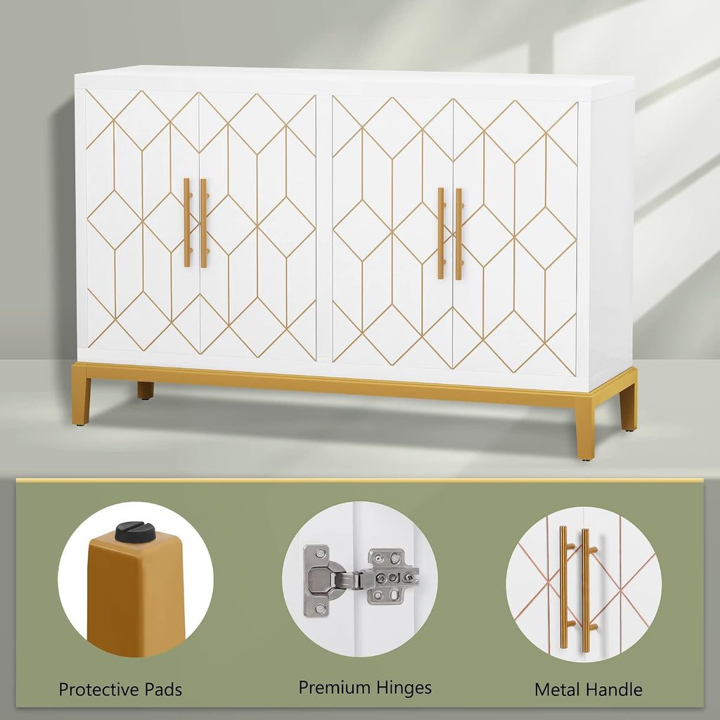 Accent Cabinet with 4 Doors&Shelves, Sideboard Buffet Cabinet with Gold Trim, Modern White Storage