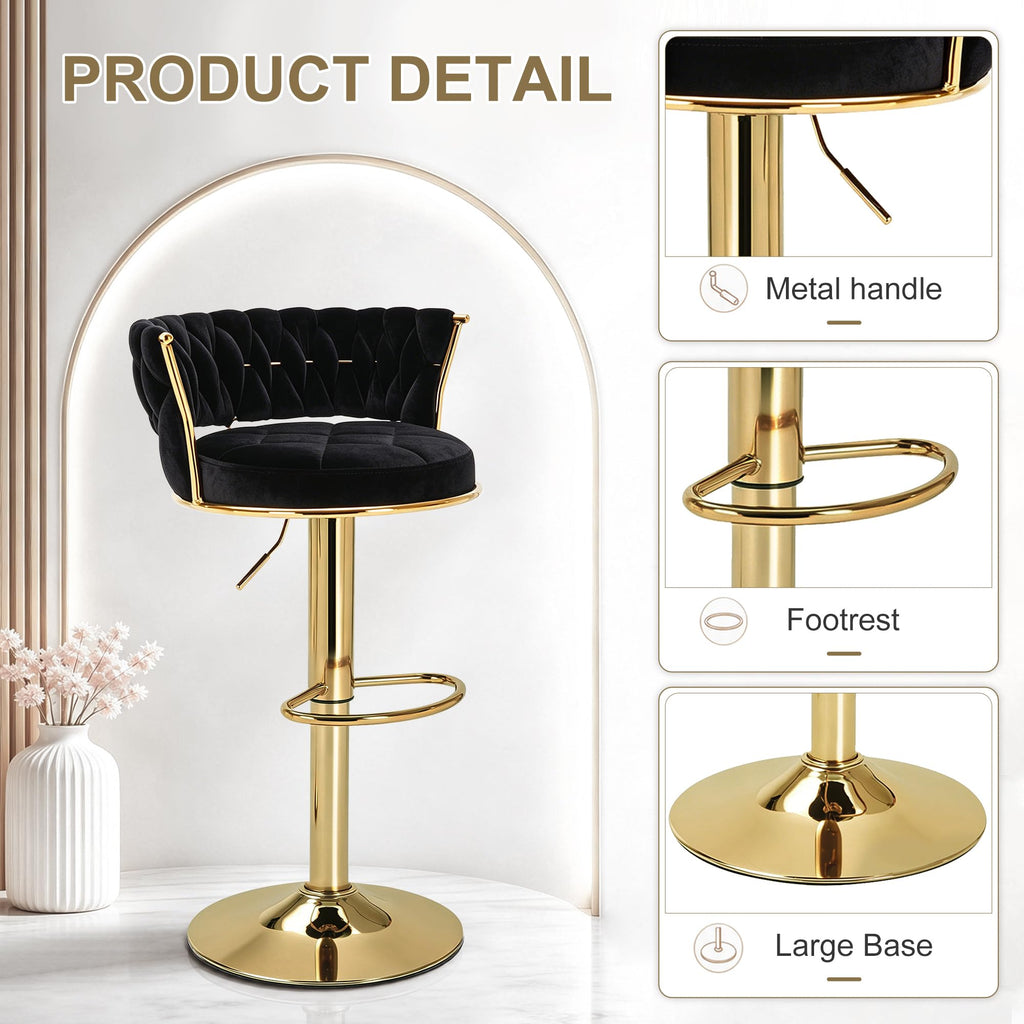 Bar Stools Set of 2, Adjustable Barstools Counter Height Stools with Back and Arm, Velvet Woven Kitchen Island Stools
