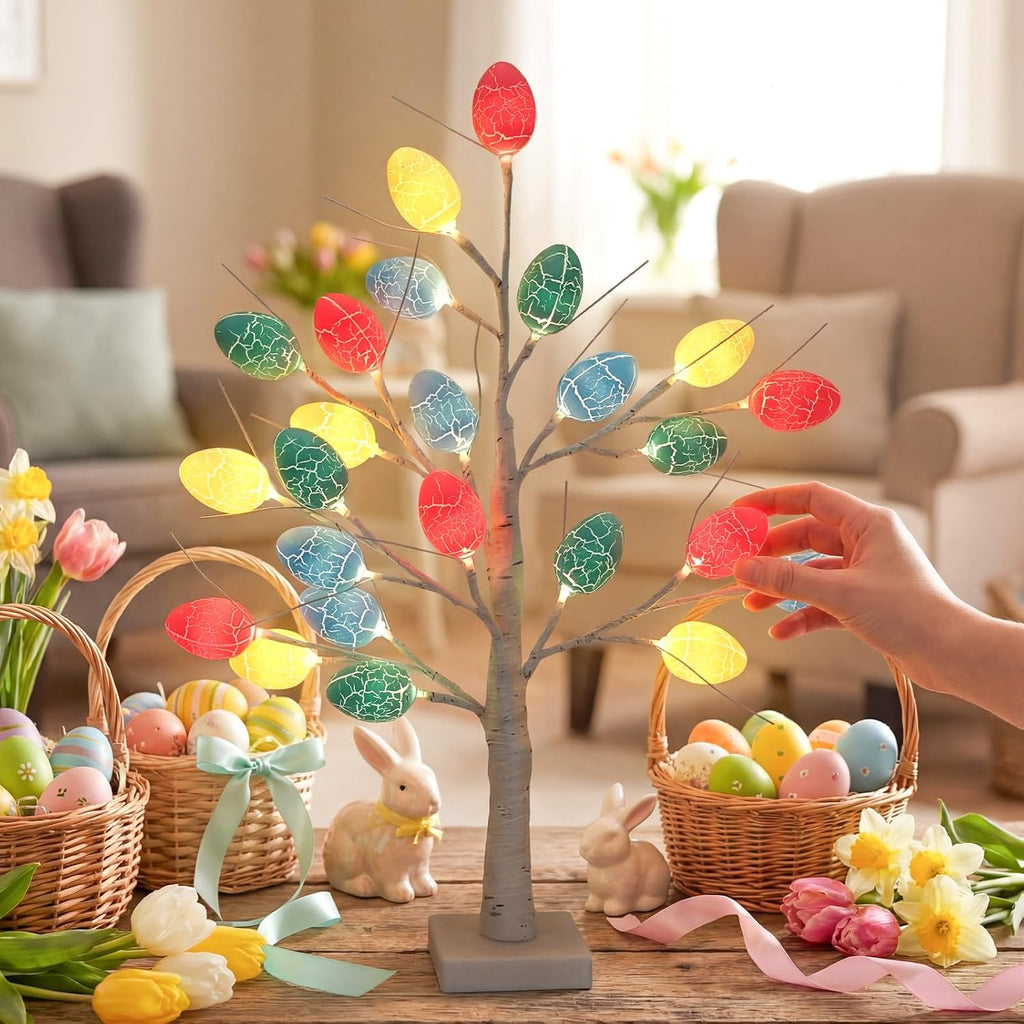 Set 24 Inch Lighted Easter Tree with 48 Eggs and Colorful LED Lights Easter Decoration Light up Artificial Birch - Set of 2