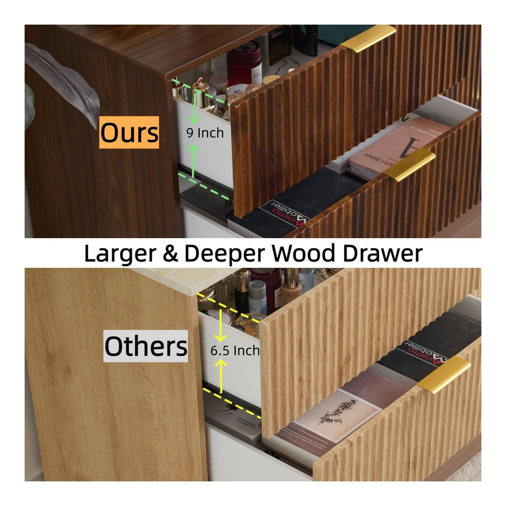 Dark Walnut Fluted 6 Drawers Dresser with Gold Handle