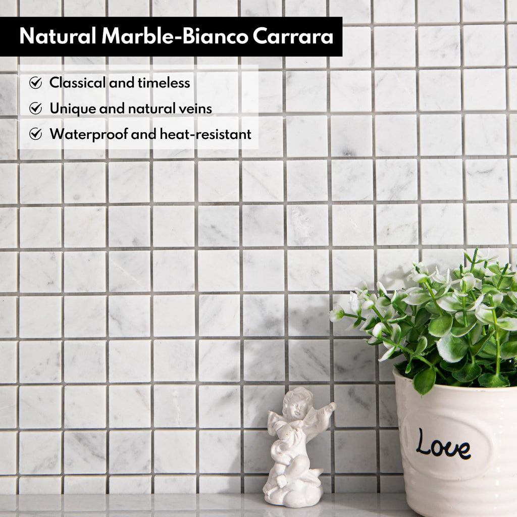 Carrara White Marble Stone 1 Inch Square Italian Bianco Carrera Marble Mosaic Tile Wall Bathroom Shower Floor (5