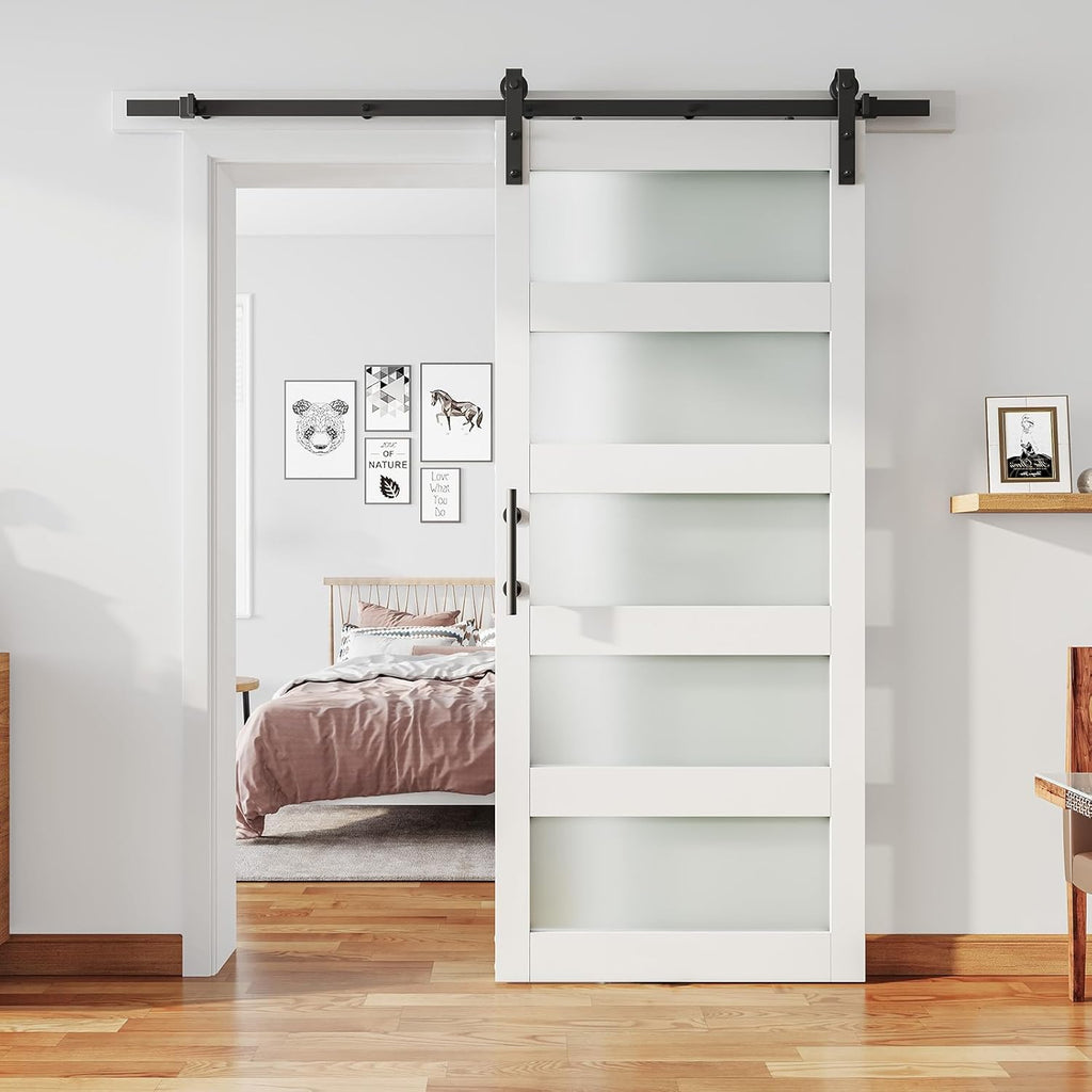 36'' x 84'' Glass Barn Door and 6.6 Ft Hardware Kit Included, MDF White Barn Door Slab with Frosted 