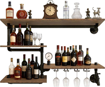Industrial Pipe Shelving Wine Rack Wall Mounted,Bar Shelves Hanging Wine Rack with 4 Stem Glass Holder,Liquor Bottle