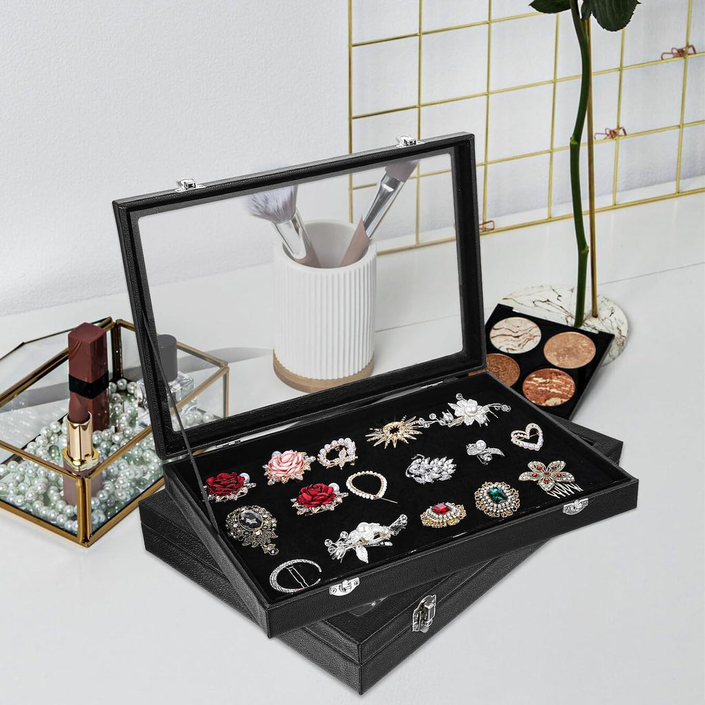 Jewelry Organizer Box, Black Velvet Blank Display Tray Case with Lid, 13.8 x 9.5 x 2 Inch Wooden Jewelry - Set of 3