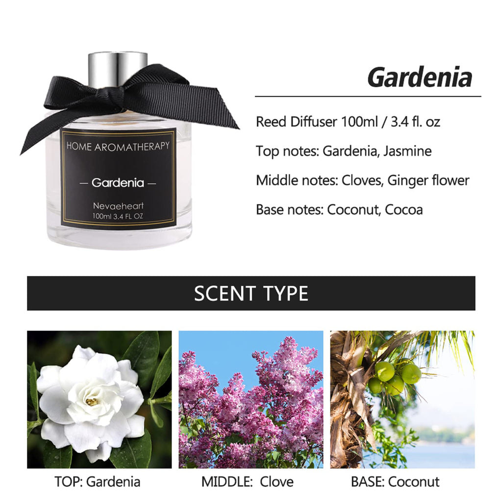 Reed Diffuser Set, Gardenia Reed Diffuser Gifts for Women, 3.4oz(100ml) Reed Diffuser with Sticks, Home Fragrance Reed