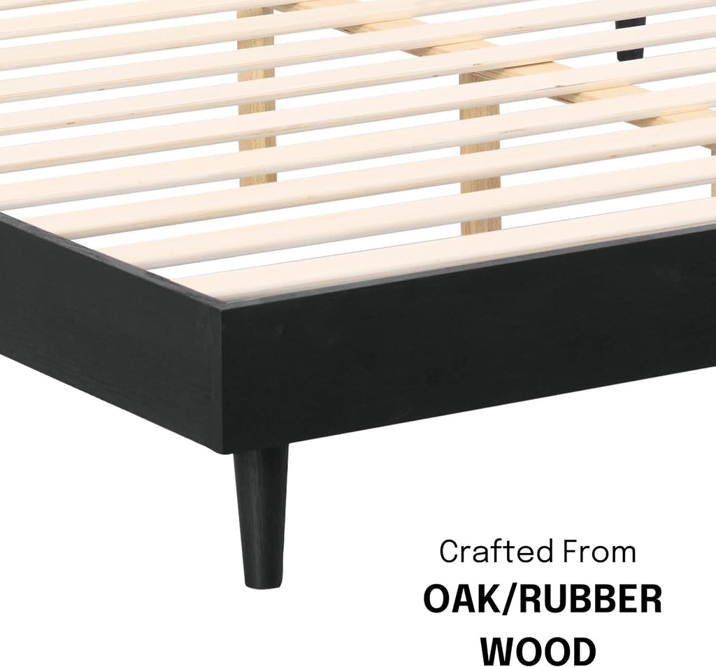 Fly Wooden Bed Frame Without Headboard, Solid Oak and Rubber Wood Foundation with Silent Slats and Wood Central