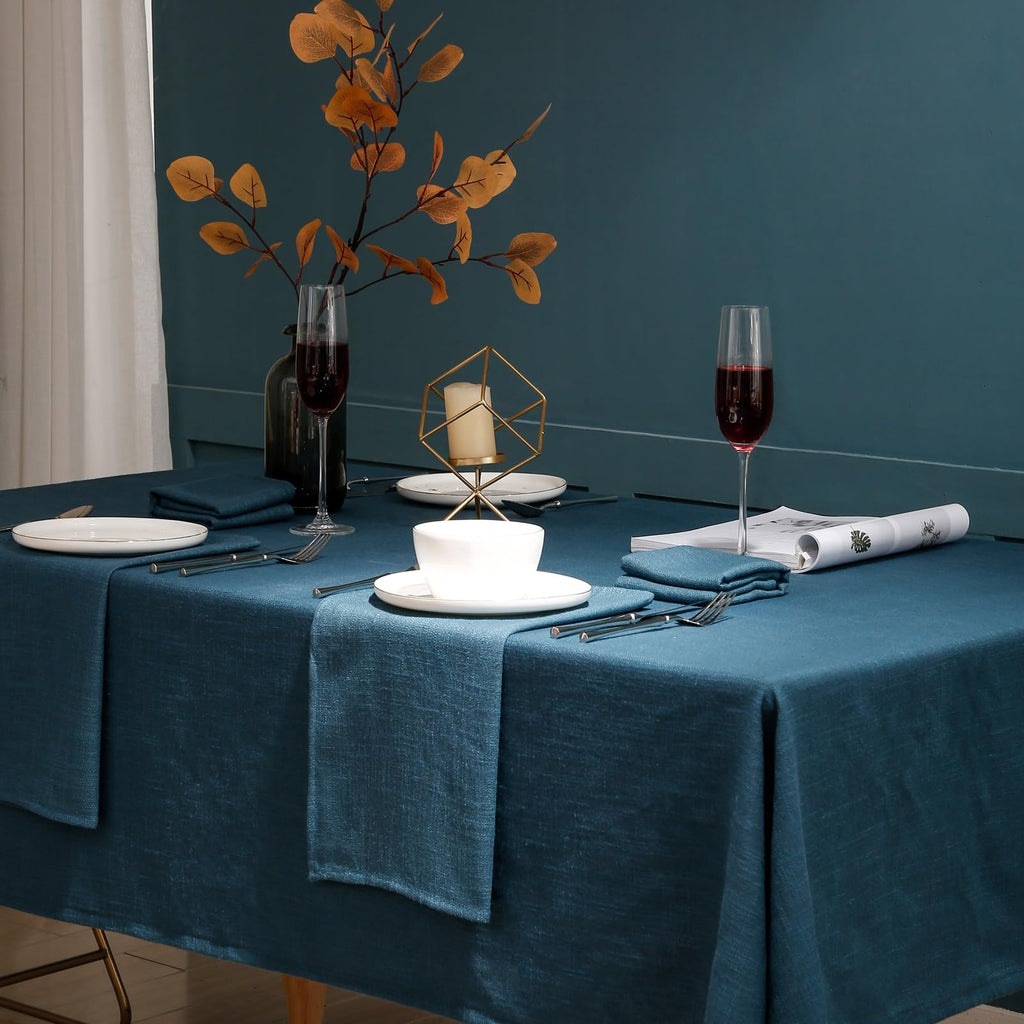 Rectangle Blue Tablecloth 60 x 108 Inch, Linen Textured Waterproof Table Cloth, French Soft Decorative Fabric Table