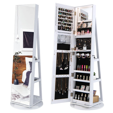 360° Rotating Mirror Jewelry Armoire, Freestanding Jewelry Organizer w/ 3-Color LED Lights, Full-length Mirror