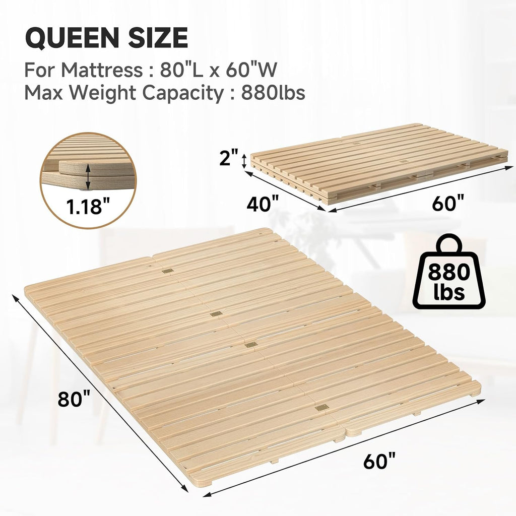 Foldable Floor Bed Frame, Wood Slat Base for Futon Mattress