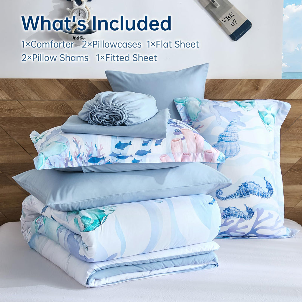 Comforter Set Coastal, Coral Beach Themed Comforters Diving Deep Ocean Bedding with Sheets 7 Pieces Bed in