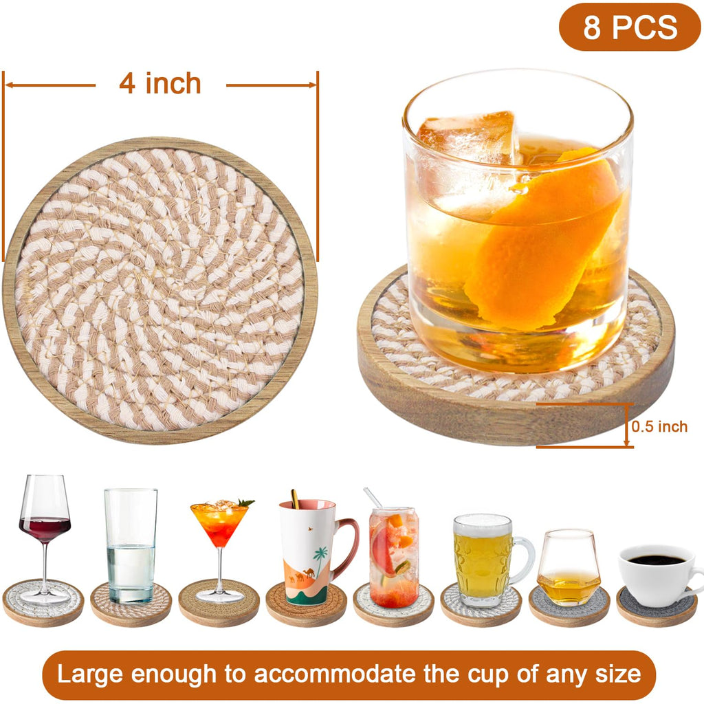 Coasters for Drinks Absorbent Sets of 8, Woven Coasters with Holder, Wood Coasters for Coffee Table, Housewarming