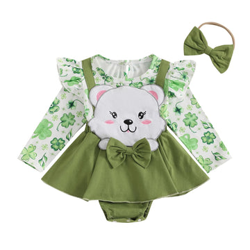 Infant Baby Girl Romper Dress Valentines St patricks Easter Outfit Cute Ruffle Long Sleeve Bodysuit Jumpsuits(Light