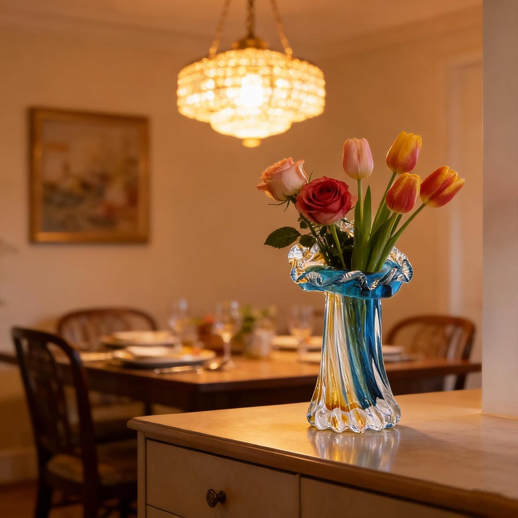 Hand Blown Blue & Yellow Sunset Coast Jellyfish-Shaped Glass Vase, Mini Ocean-Themed Art Sculpture Vase Centerpiece