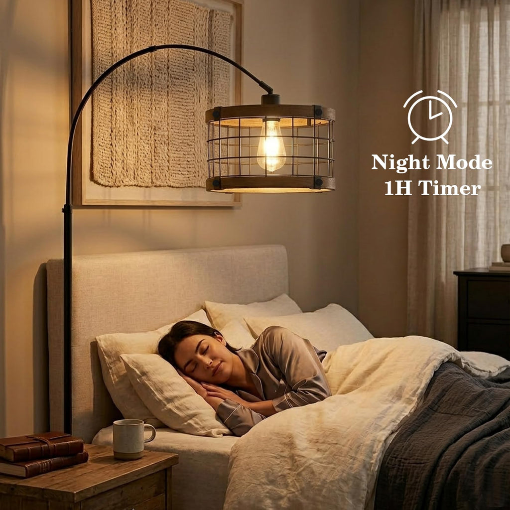 Inspired Arco Style Arc Floor Lamps with Remote and Dimmable LED Bulb, Vintage Wood Floor Lamp, Farmhouse Standing Lamp for Corner
