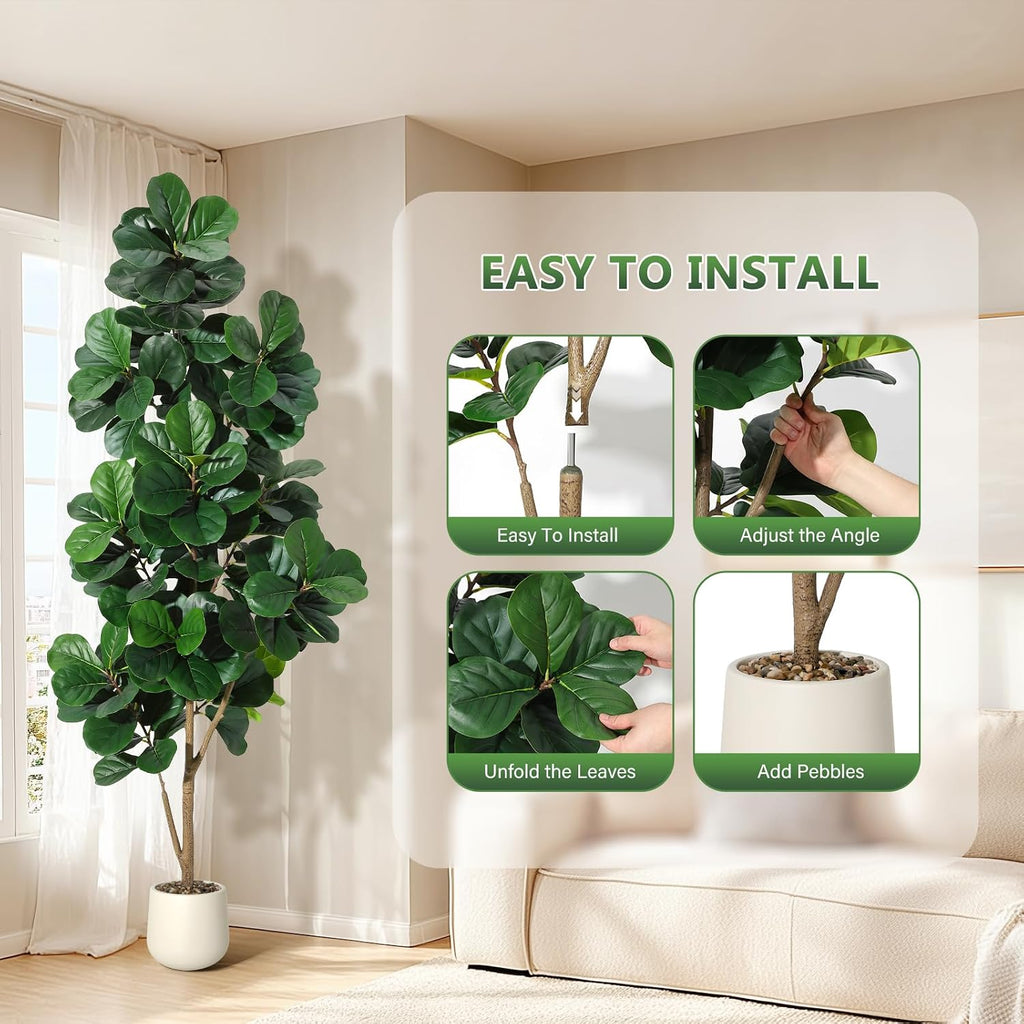 7 ft Fiddle Leaf Fig Tree Artificial with 141 Leaves - Realistic Faux Ficus Lyrata Trees in 9 in White Planter Pot