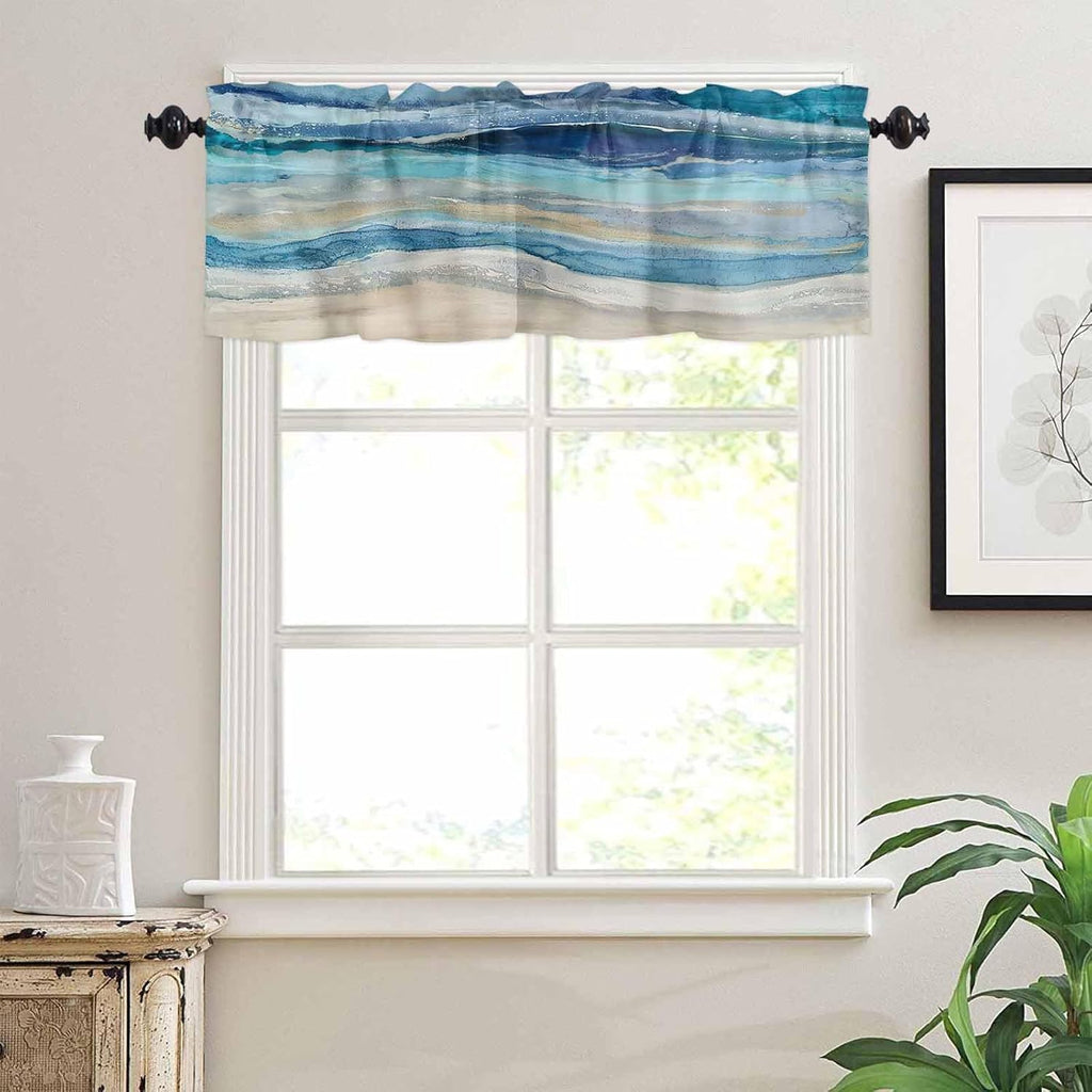 Coastal Beach Valances - Navy Blue Kitchen Curtains - Abstract Blue Wave Window Treatment - Modern Ombre Valances