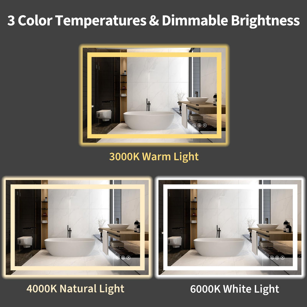 48x32 LED Bathroom Mirror with Light, Anti-Fog, 3 Colors