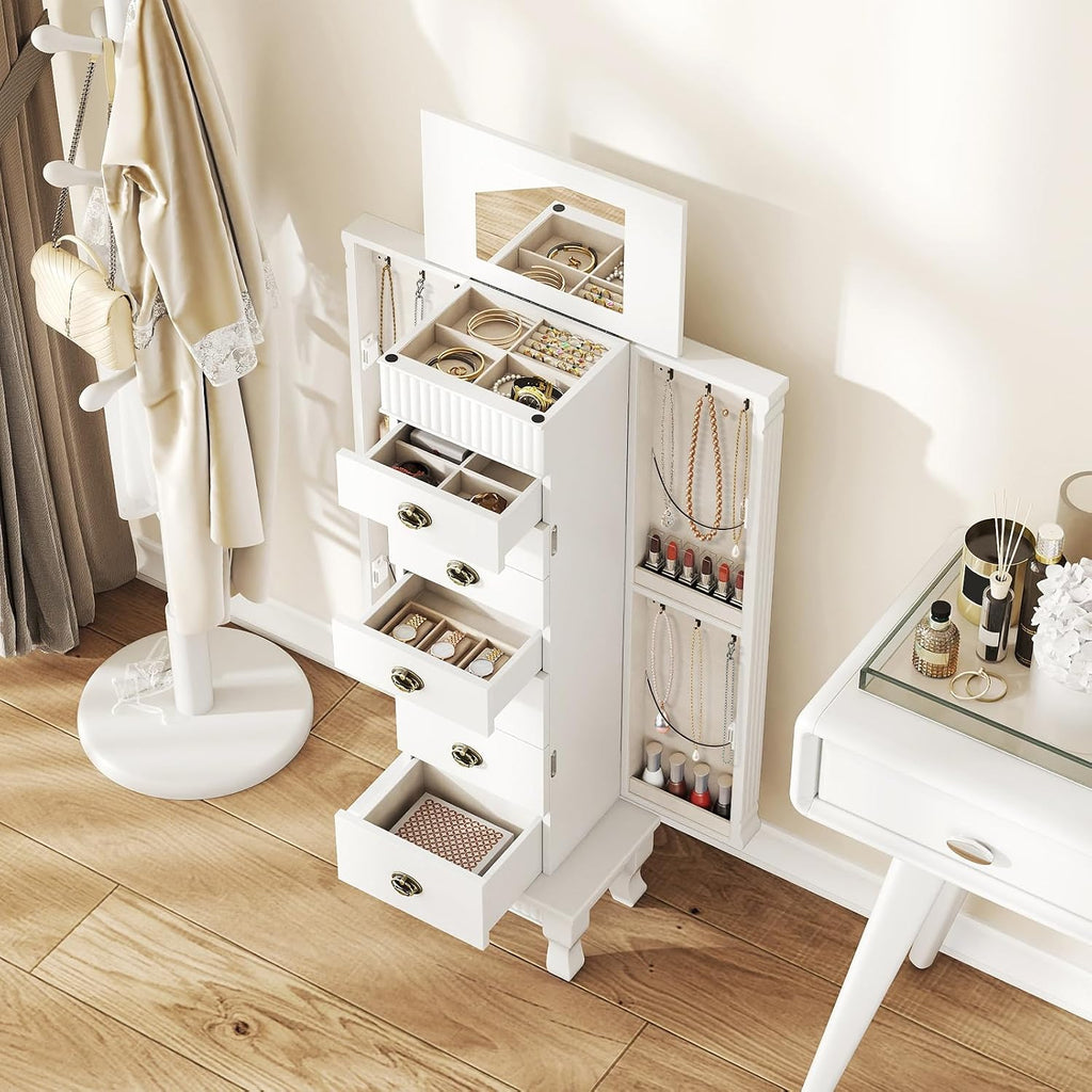 Jewelry Armoire, Standing Jewelry Box w/Mirror & 7 Drawers, White