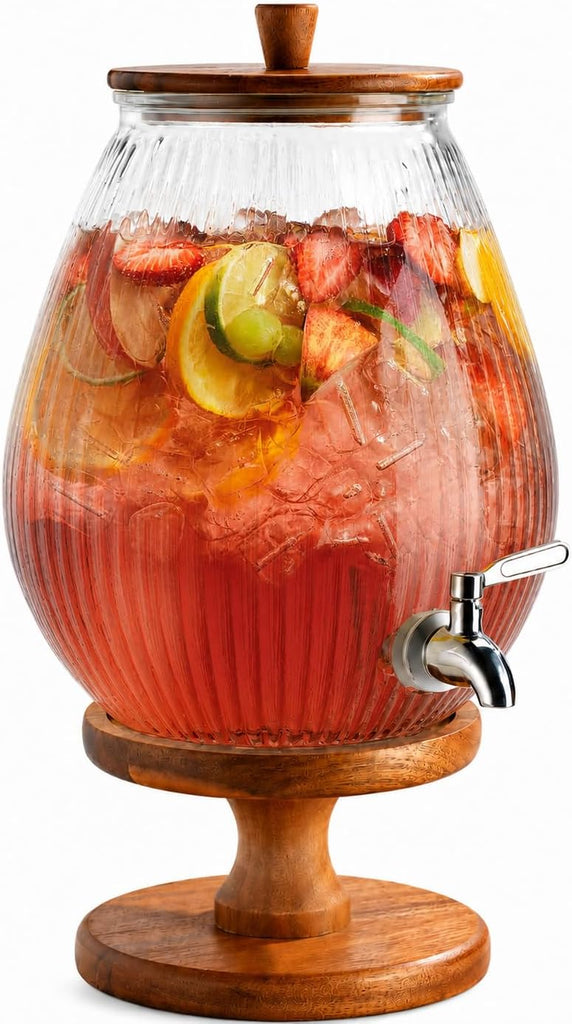 2 Gallon Drink dispenser, With Wood Stand, Large Water Drink Dispensers for Parties With Stainless Steel Spigot