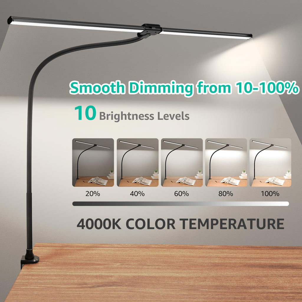 LED Desk Lamp, 4000K Neutral White Double Head Architect Task Lamps with Clamp, Dimmable Adjustable Flexible,Black