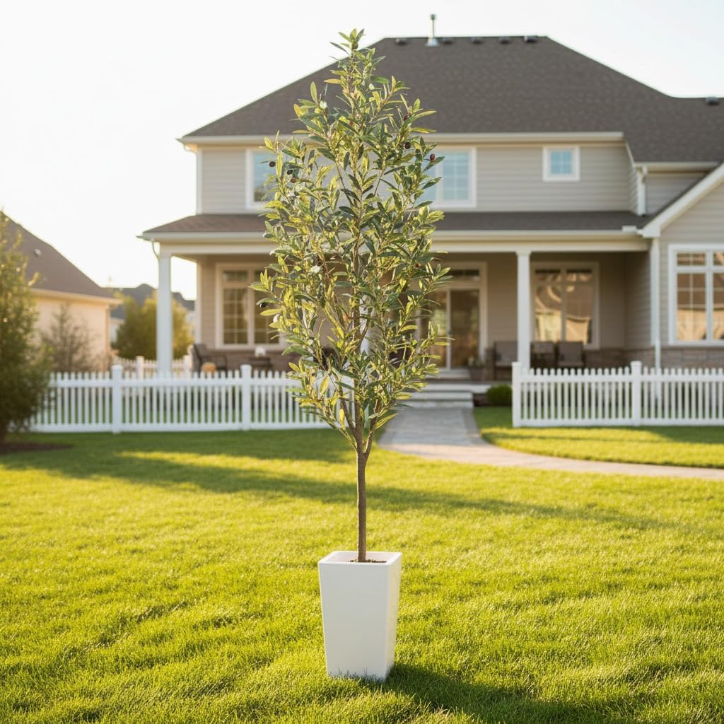 7ft Artificial Olive Tree Decor, 7 Feet Large Faux Plant Fake Skinny Silk Trees with Pot for Indoor Outdoor House