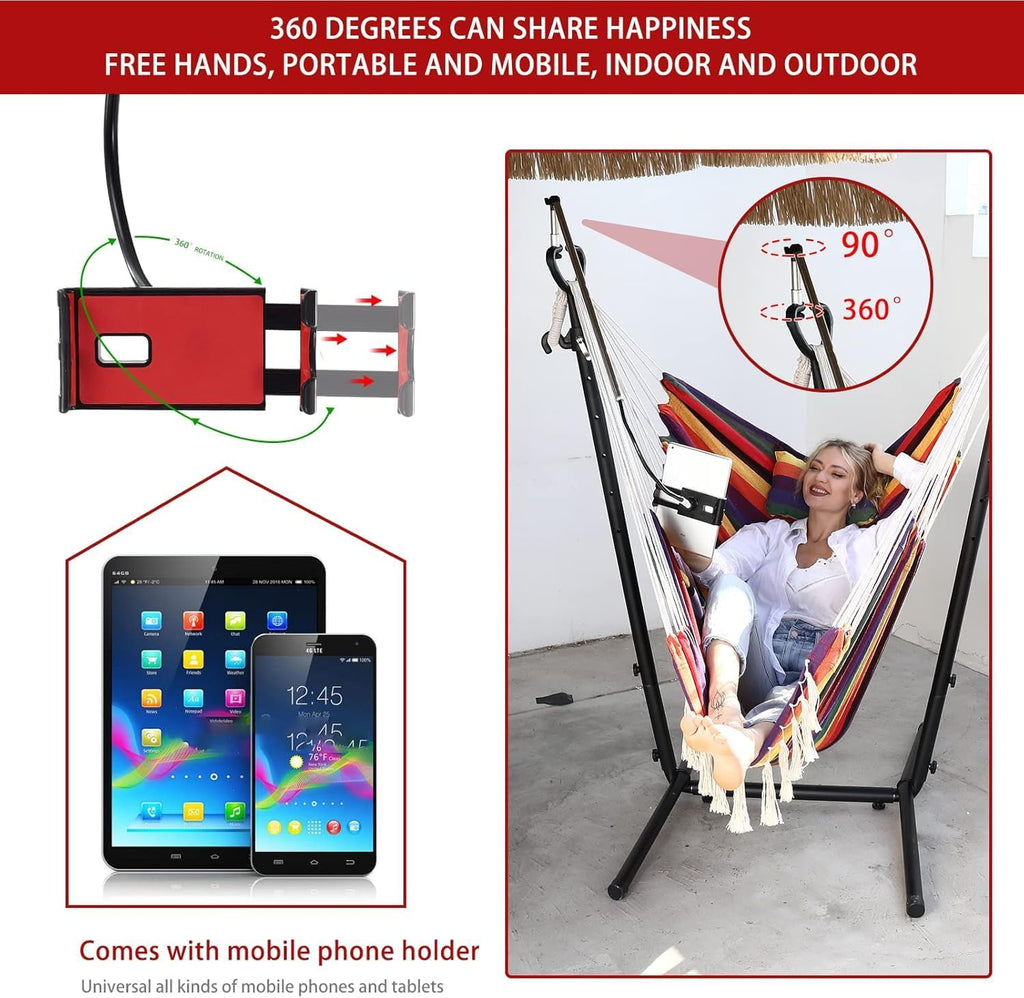 Hammock Chair with Stand Double Hammock Chair Bohemian Style with Tassel Mobile Phone Support Manual Adjustable Swing
