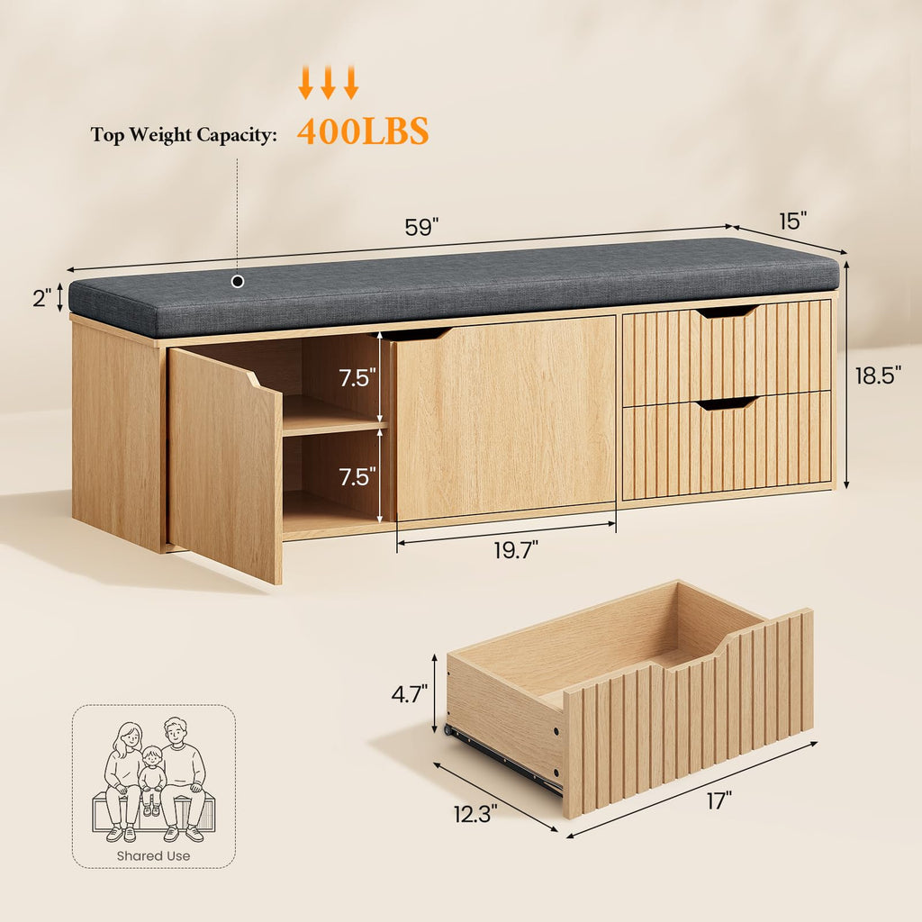 59" Storage Bench with Drawer, 2-Tier Shoe Bench with Storage, Long Entryway Bench, Thickened Cushion, Adjustable