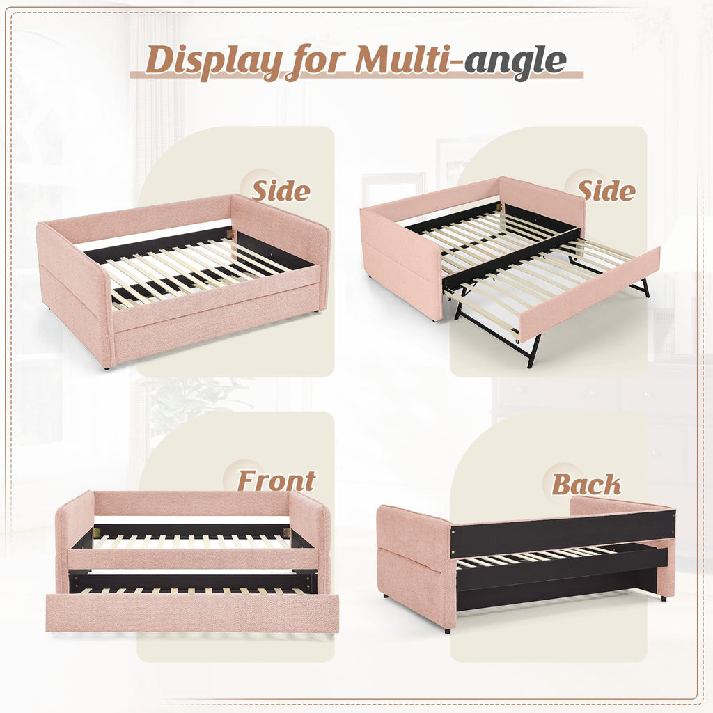 Full Size Daybed, Upholstered Boucle Fabric Day Bed Frame with Twin Roll-Out Trundle and Wood Slats Support, No Box