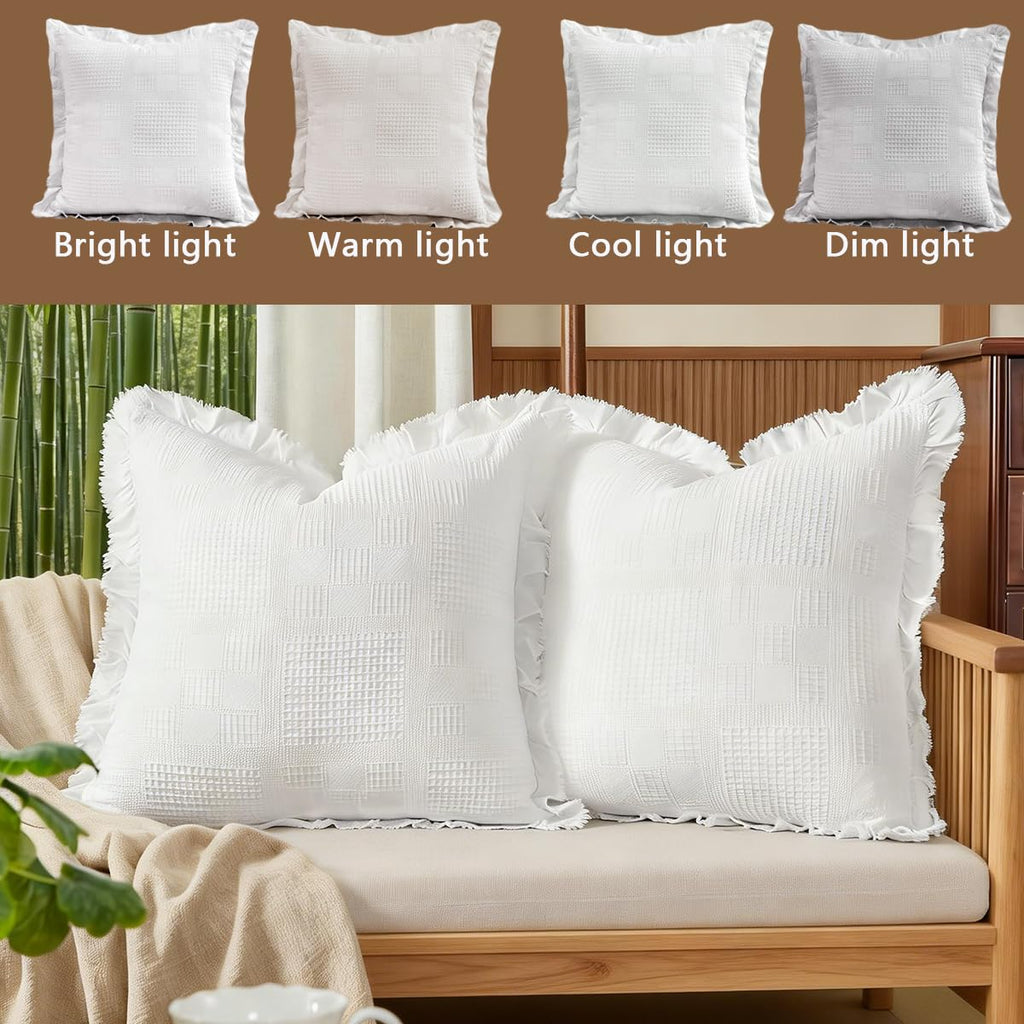 Waffle Pillow Covers 18x18 Set of 2 Cotton Throw Pillow Covers Stone Washed Square Pattern Pillow Shams Decorative