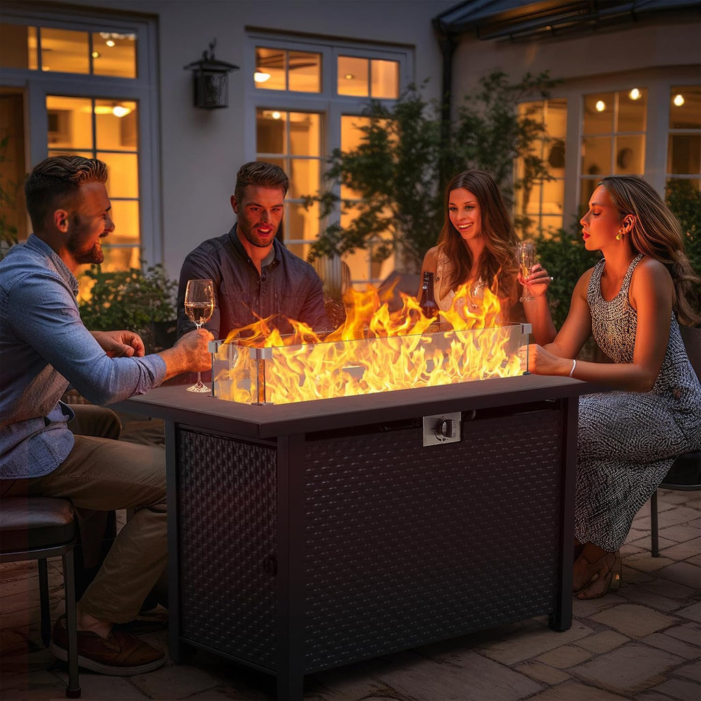 45 Inch Fire Table for Outside 60000 BTU Steel Gas Pit Outdoor with Woodgrain Marble Tabletop Glass Wind Guard Cover