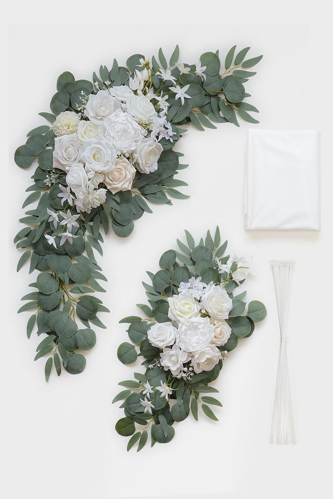 White Artificial Wedding Arch Flowers Kit (Pack of 3) with 26Ft White Shiny Arch Draping Fabric for DIY Wedding Party