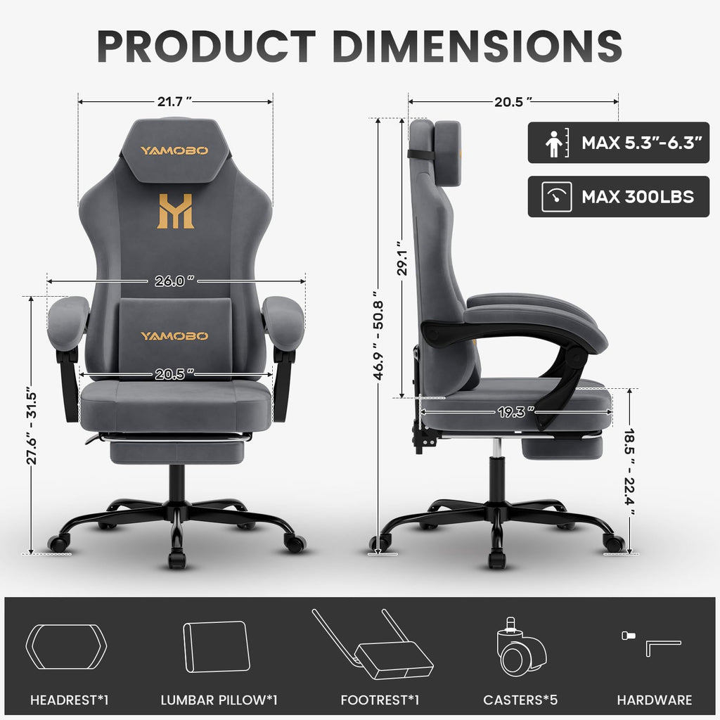 Gaming Chair with Footrest, Game Chair with Lumbar and Headrest Massage Support for Adults, Ergonomic Fabric High