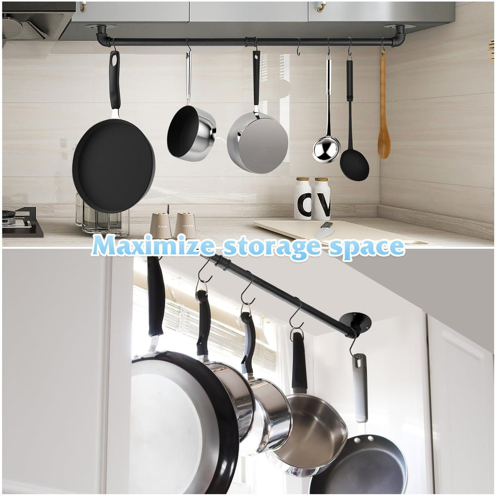 32 inch Pot Rack Wall Mounted Pan Hangers, Industrial Pipe Utensils Hanging Rail Iron Detachable Storage Organizer